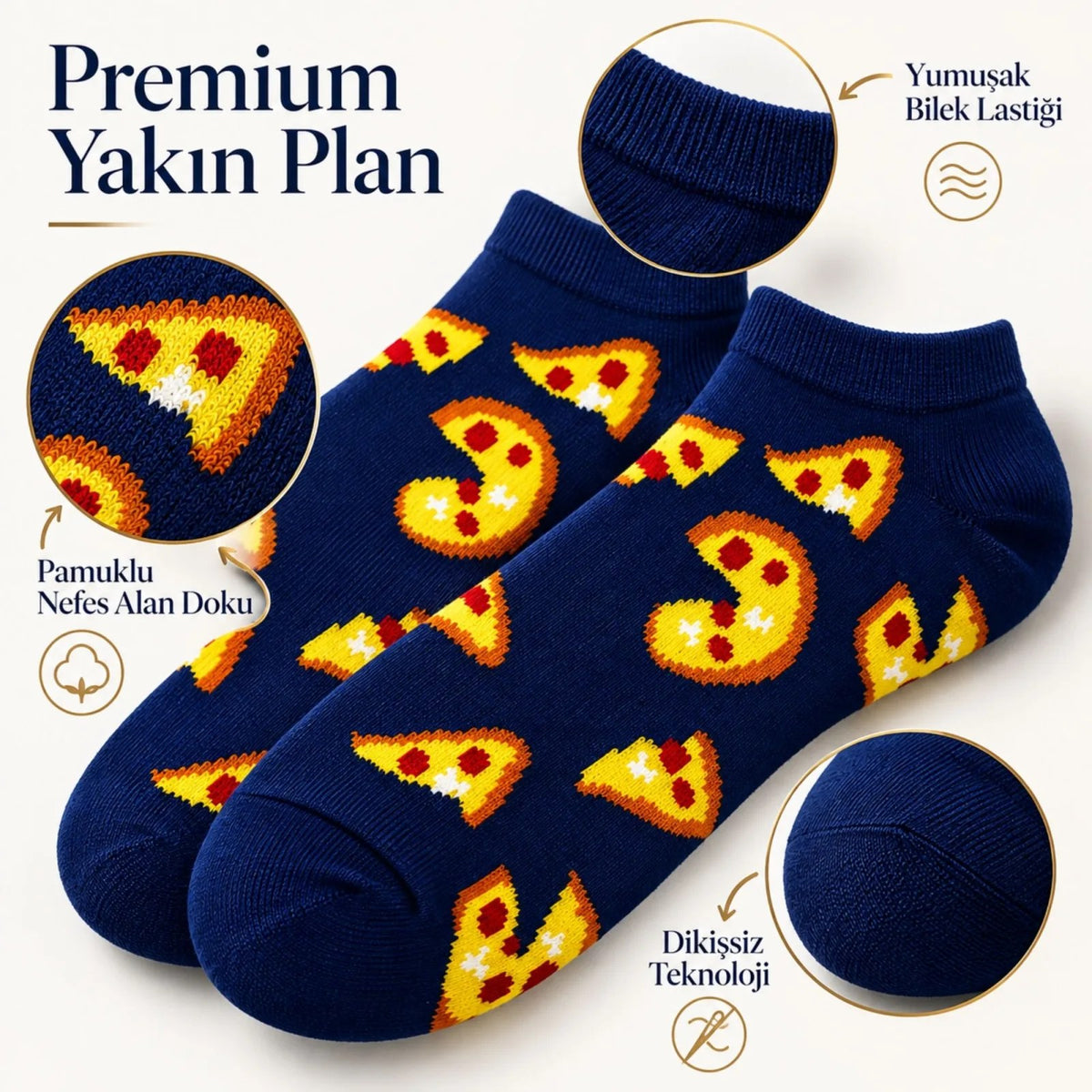 Pizza Desenli 3'lü Lacivert Patik Çorap Unisex Kısa Sneaker Günlük Çorap Seti Avantajlı Paket Rahat!