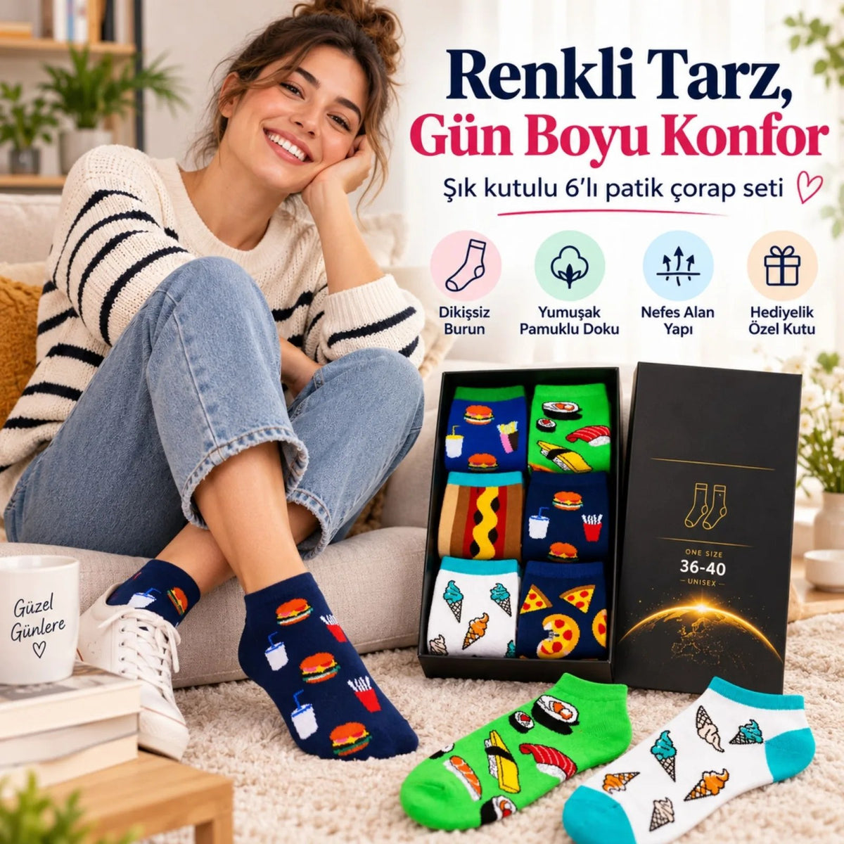 Kadın Patik Çorap Karışık Fast Food Desenli | Renkli Eğlenceli Günlük Kısa Bilek 6'lı Avantajlı Seti