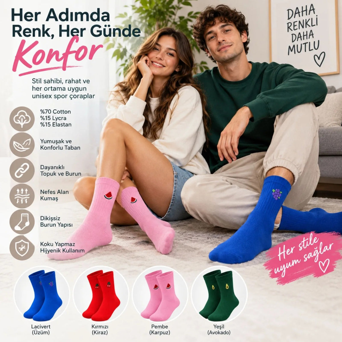 Kadın Çorap Meyve Nakışlı Renkli 4'lü Set Üzüm Kiraz Karpuz Avokado Desenli Günlük Uzun Soket Çorabı