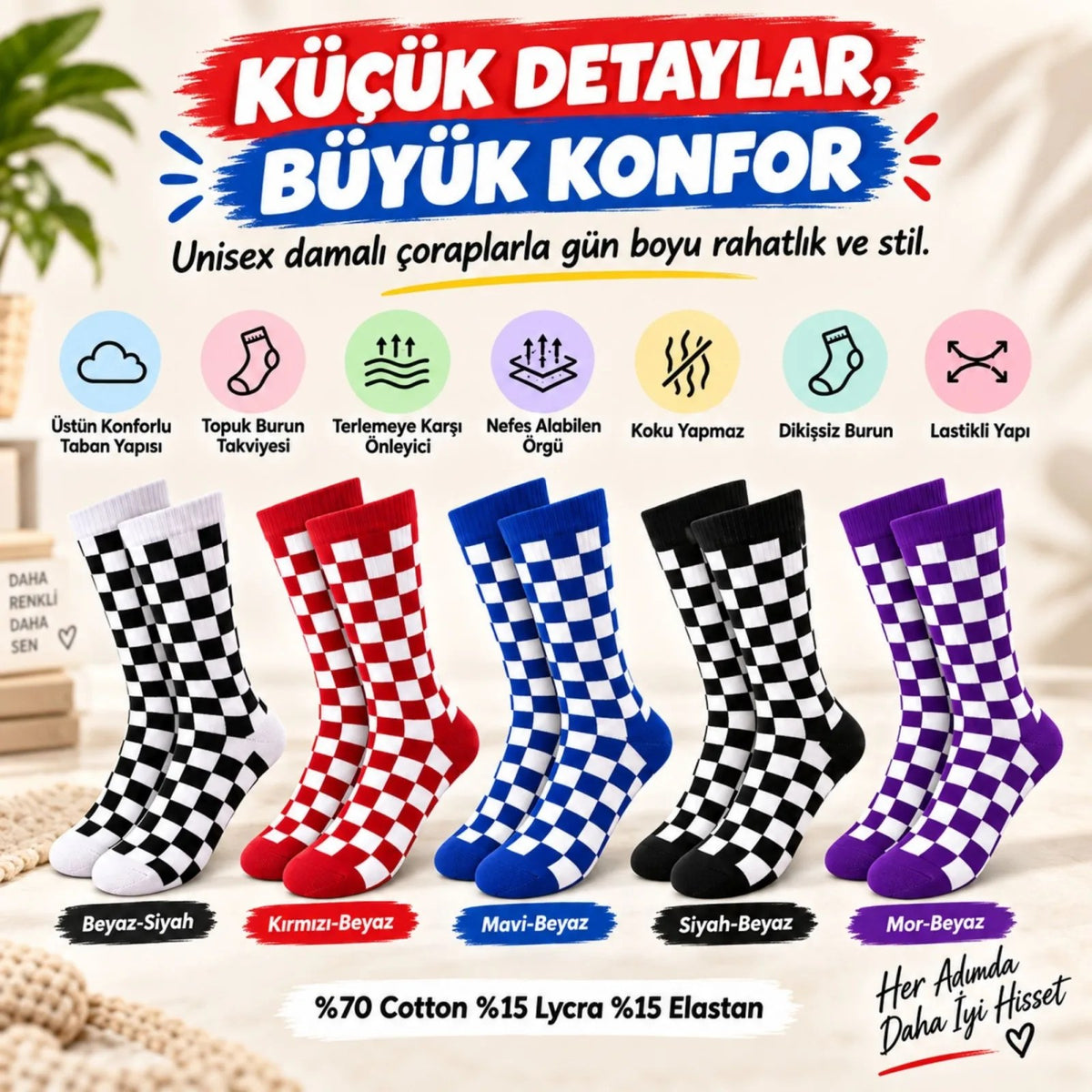 UNİSEX Çorap Dama Desenli Renkli 5'li Set Kareli Uzun Soket Günlük Spor Eğlenceli Rahat Çorap Seti