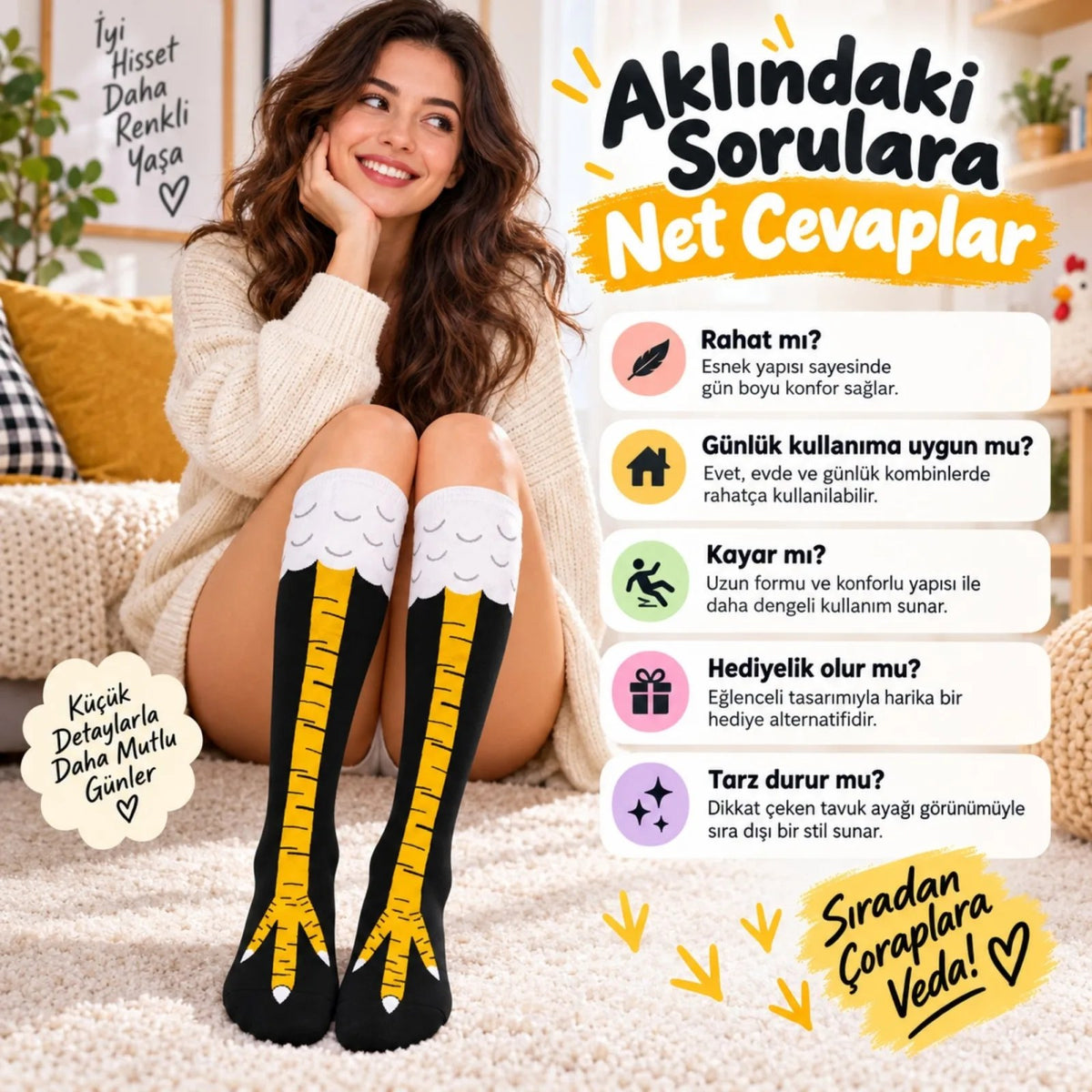 Kadın Diz Üstü Tavuk Ayağı Desenli Çorap Siyah Sarı Uzun Eğlenceli Kostüm Parti Günlük Çorabı Modeli