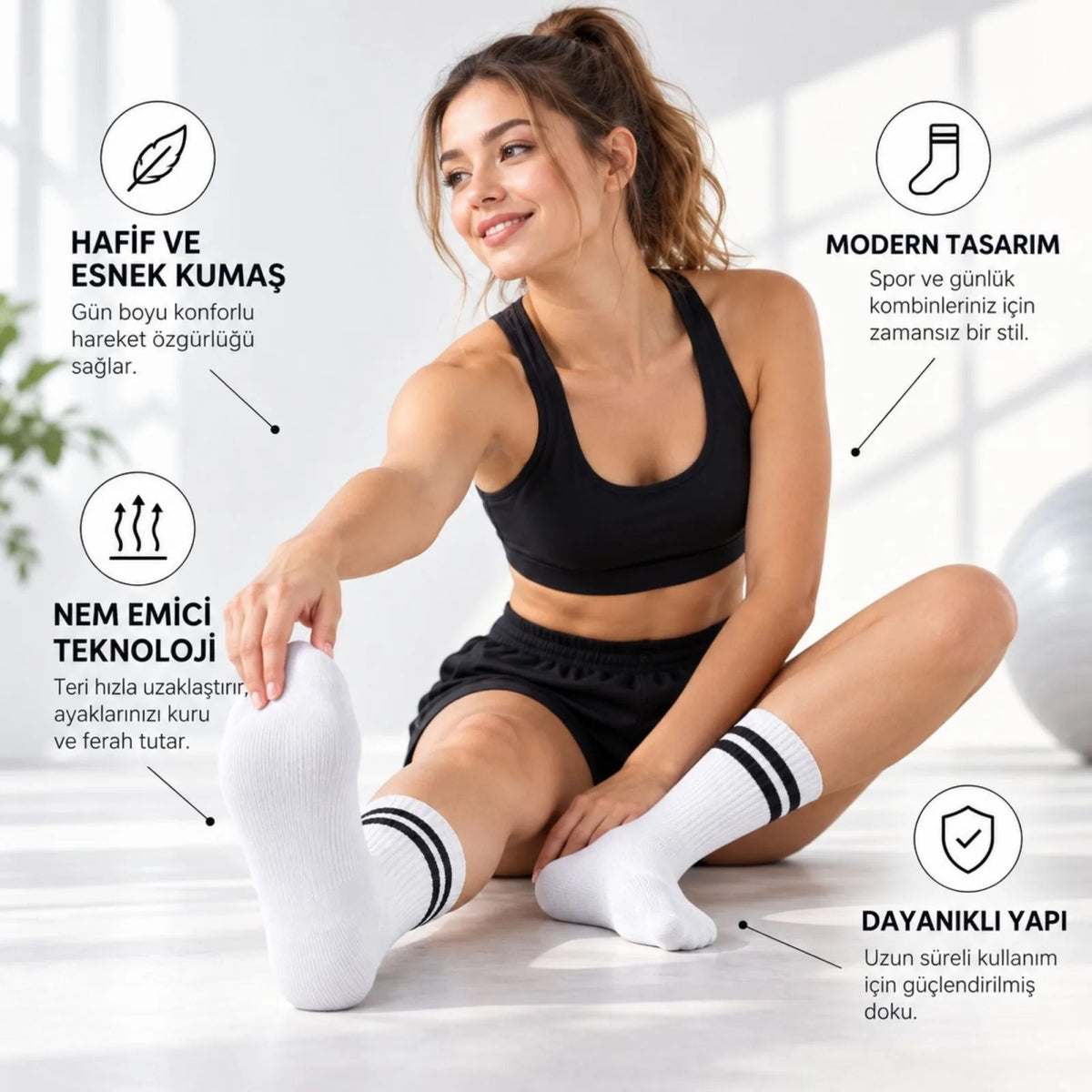 Unisex Beyaz Çorap Siyah Çizgili 9'lu Set Uzun Soket Günlük Spor Kolej Stil Kadın Erkek Çorabı