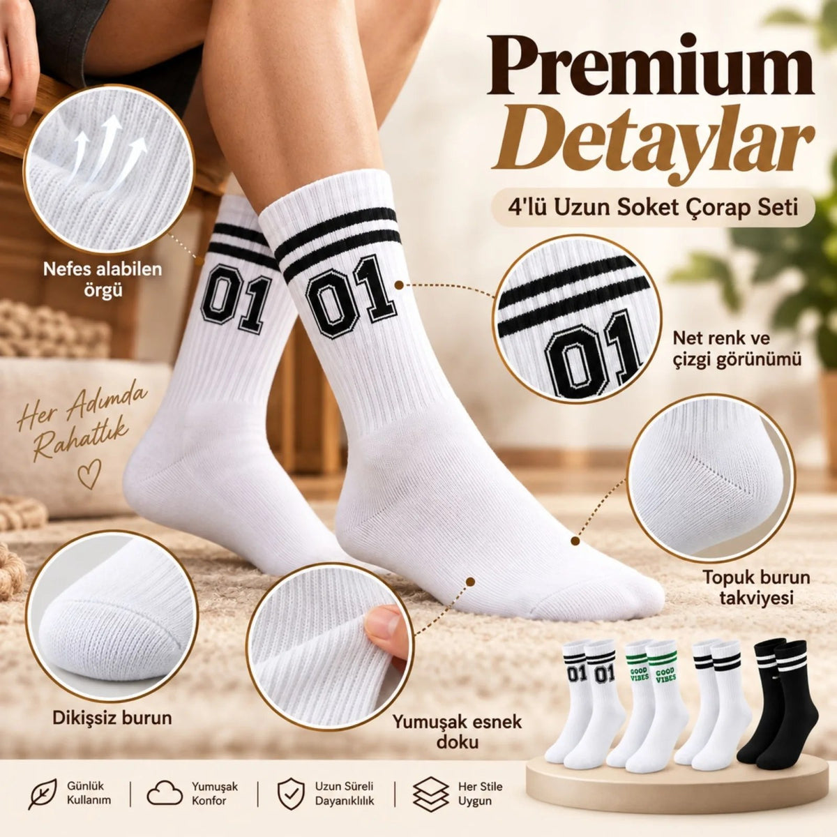Unisex Çorap Çizgili 8'li Set 07 Good Vibes Baskılı Siyah Beyaz Uzun Soket Spor Kolej Stil Çorap