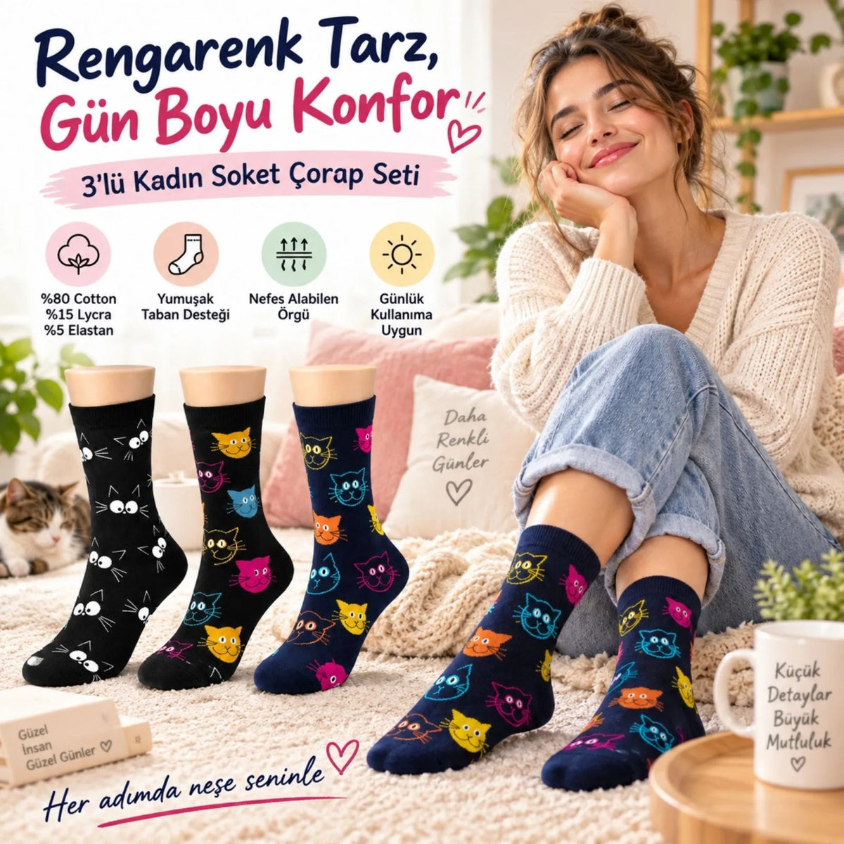 Unisex Kedi Desenli Çorap 3'lü Set Pamuklu Renkli Uzun Soket Dikişsiz Nefes Alan Rahat Günlük Çorap