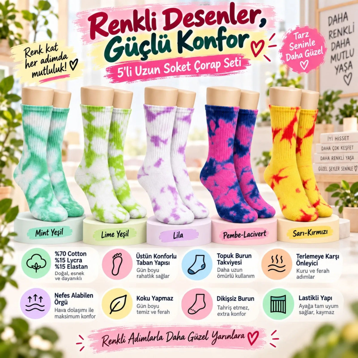 Unisex Batik Desenli Çorap 5'li Set Renkli Pamuklu Uzun Soket Dikişsiz Nefes Alan Günlük Spor Çorabı