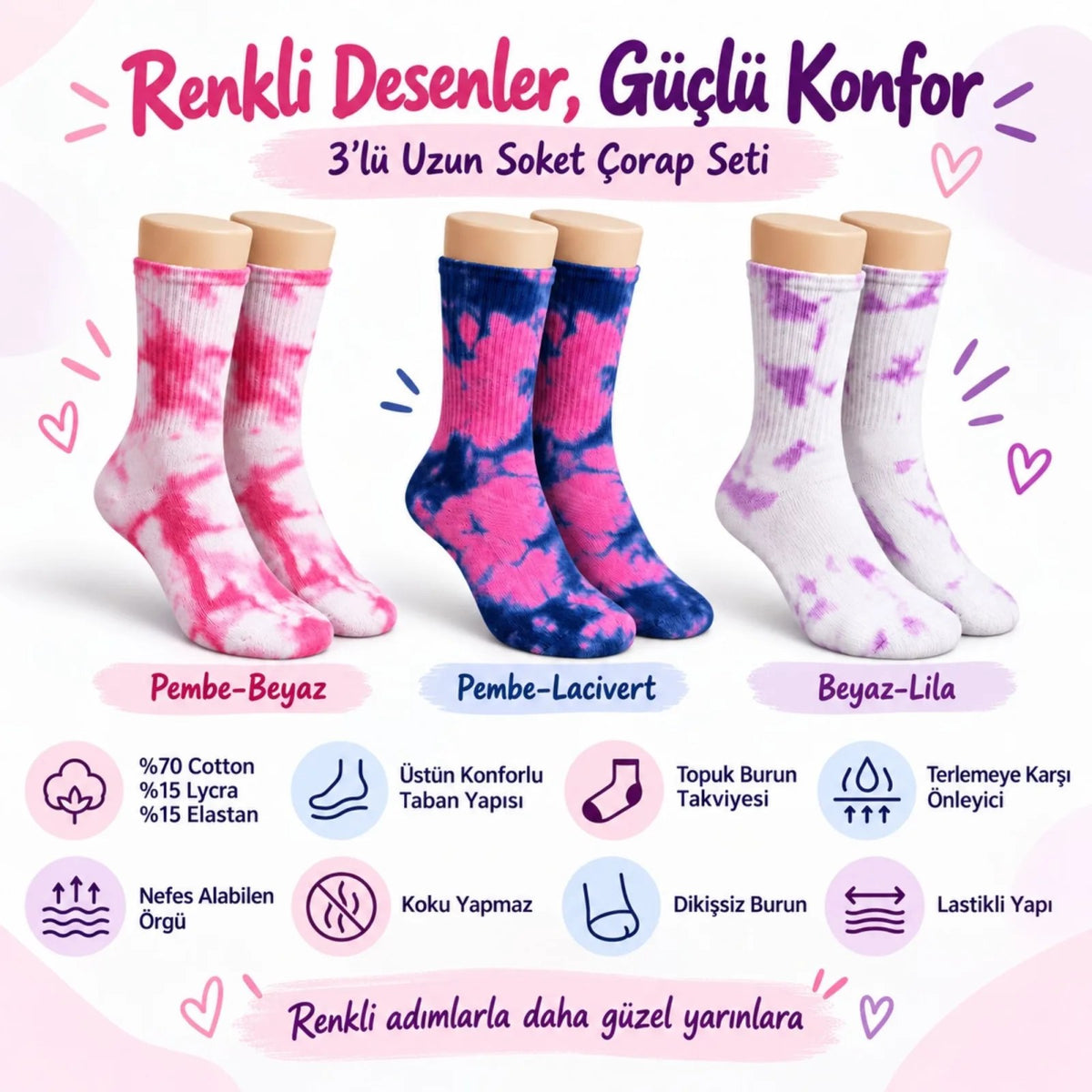 Unisex Batik Desenli Çorap 3'lü Set Pamuklu Renkli Uzun Soket Dikişsiz Nefes Alan Günlük Spor Çorabı