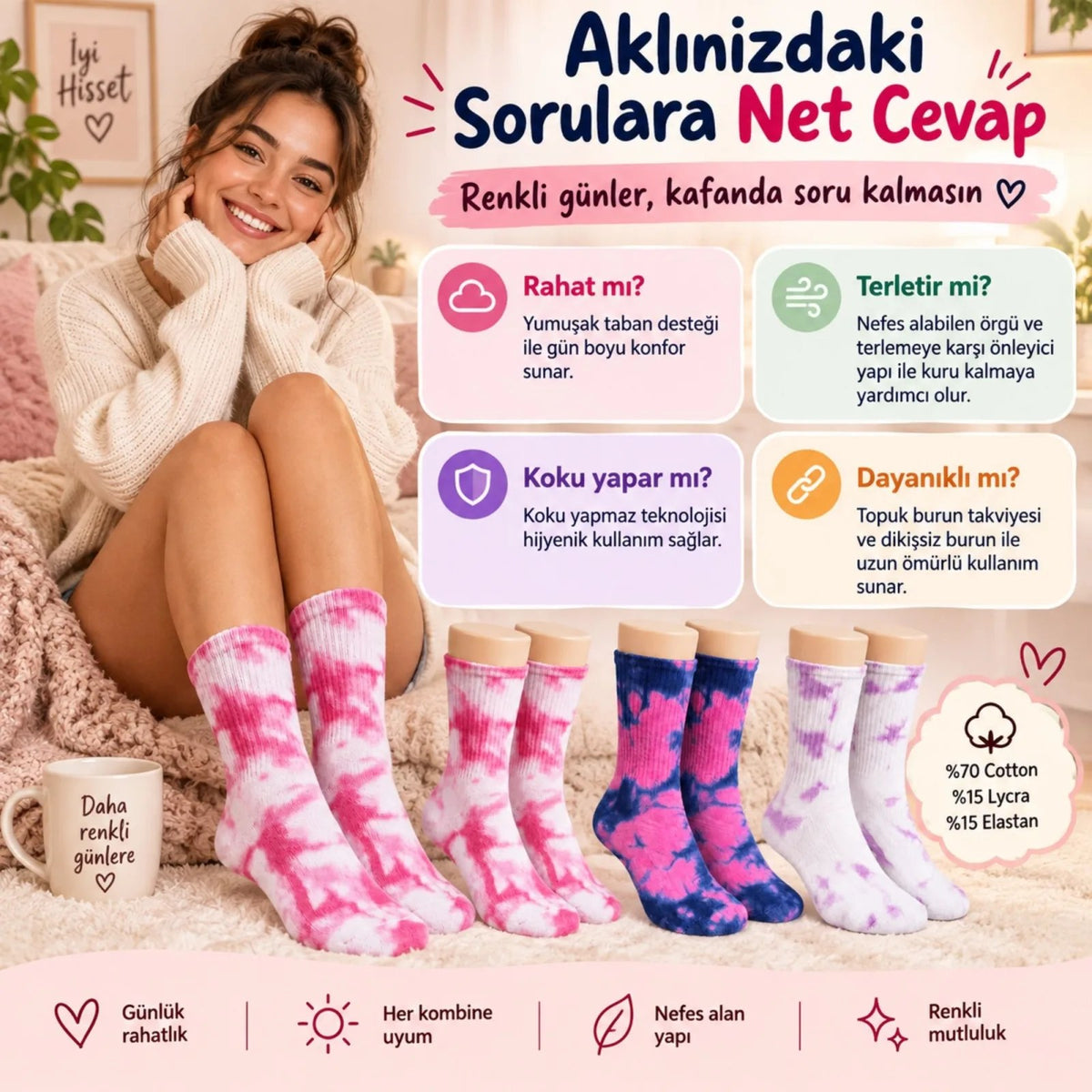 Unisex Batik Desenli Çorap 6'lı Set Pamuklu Renkli Uzun Soket Dikişsiz Nefes Alan Günlük Spor Çorabı