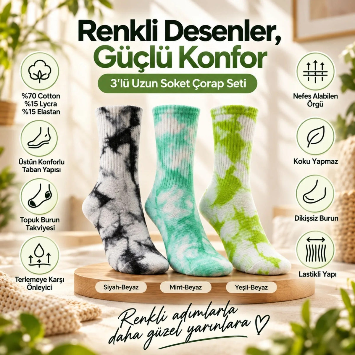 Unisex Batik Desenli Çorap 3'lü Set Renkli Pamuklu Uzun Soket Dikişsiz Nefes Alan Günlük Spor Çorabı