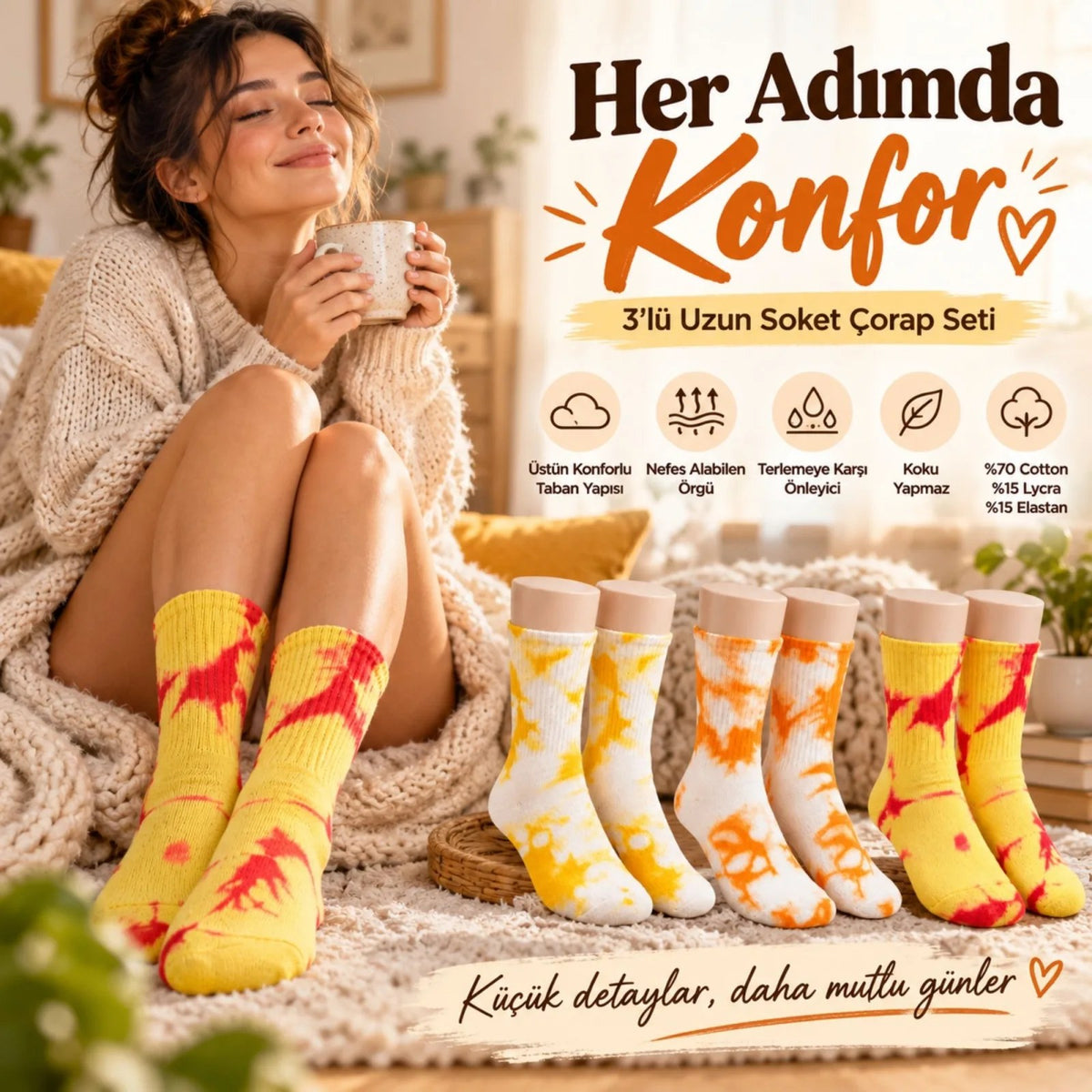 Unisex Batik Desenli Çorap 6'lı Set Pamuklu Renkli Uzun Soket Dikişsiz Nefes Alan Günlük Spor Çorabı