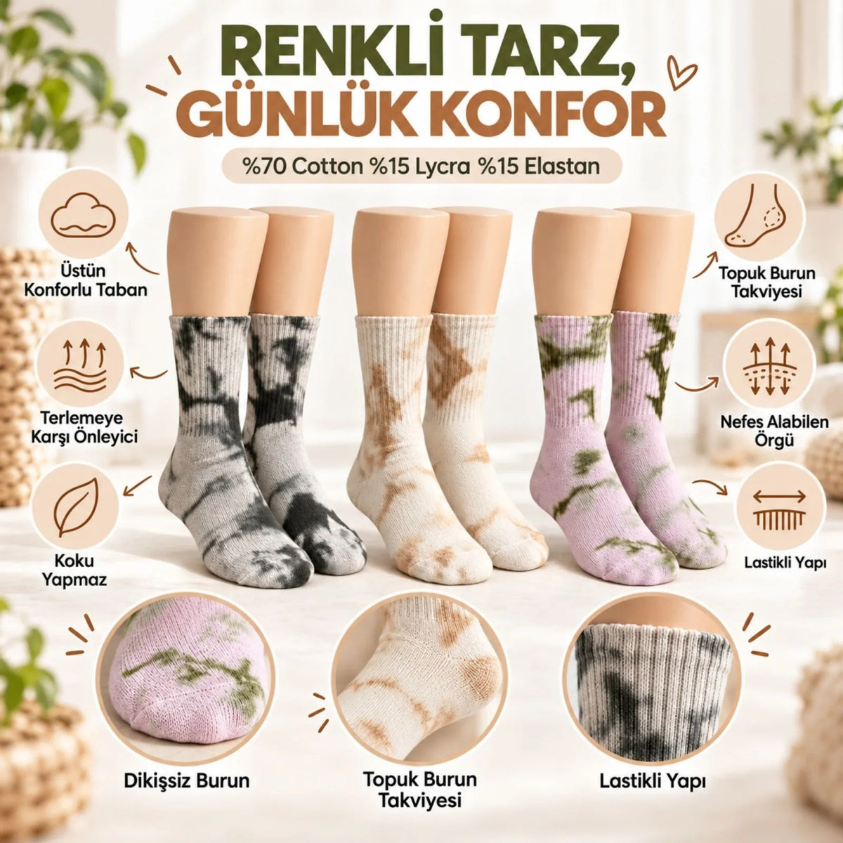 Unisex Batik Desenli Çorap 6'lı Set Pamuklu Uzun Soket Dikişsiz Nefes Alan Günlük Spor Konfor Çorabı