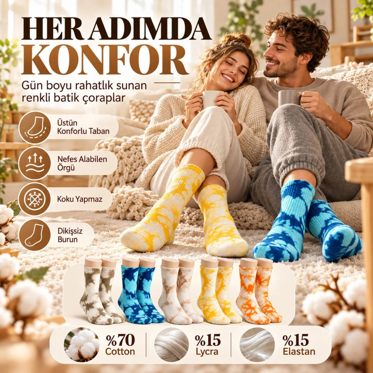 Unisex Batik Desenli Çorap 5'li Set Pamuklu Renkli Uzun Soket Dikişsiz Nefes Alan Günlük Spor Çorabı
