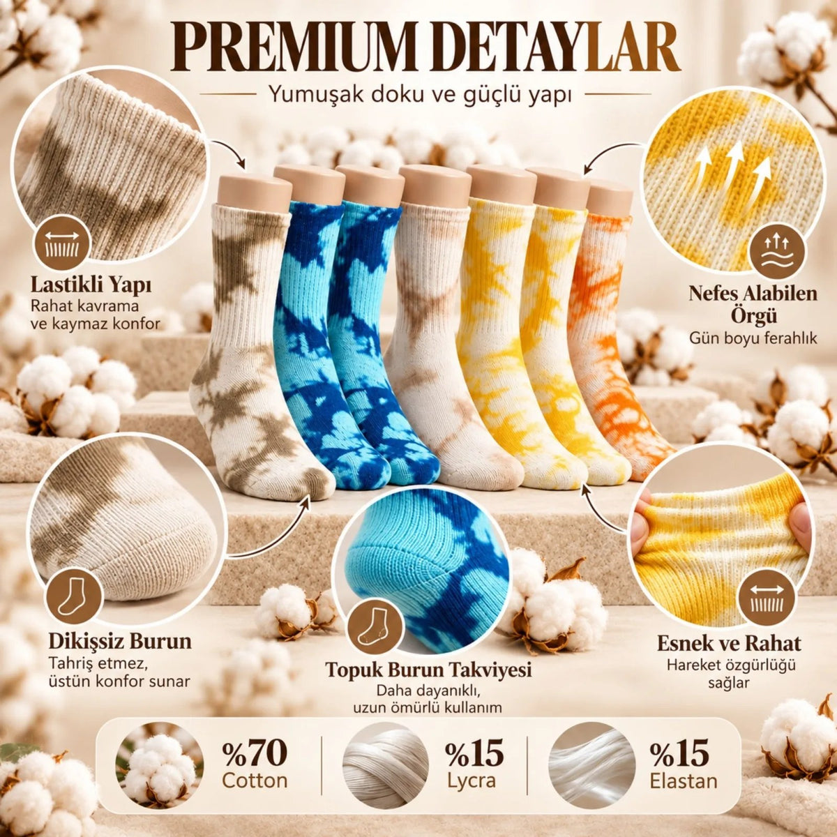 Unisex Batik Desenli Çorap 10'lu Set Pamuklu Renkli Uzun Soket Dikişsiz Nefes Alan Günlük Spor Çorabı