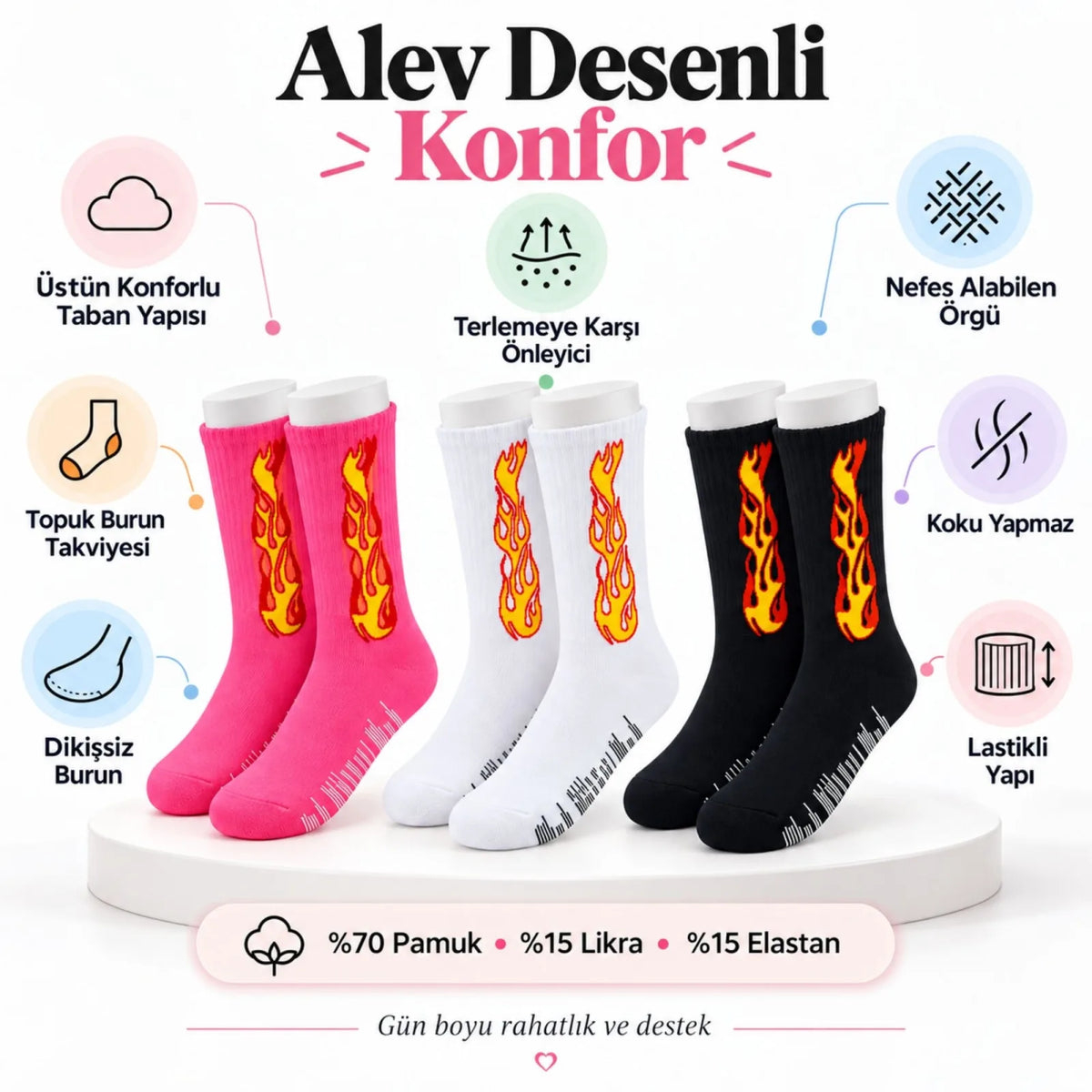 Unisex Alev Desenli Çorap 3'lü Set Pamuklu Uzun Soket Dikişsiz Nefes Alan Günlük Spor Çorabı Yumuşak
