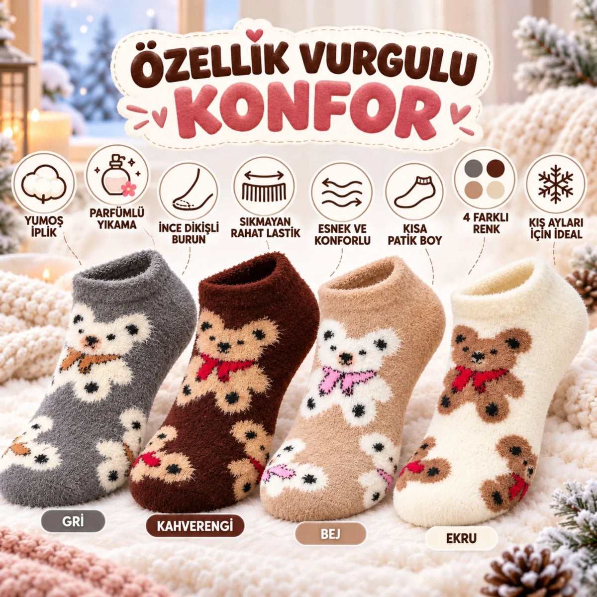 Kadın Ayıcık Desenli Yumoş Patik Çorap 4'lü Set Peluş Yumuşak Sıcak Parfümlü Kışlık Rahat Çorap Seti