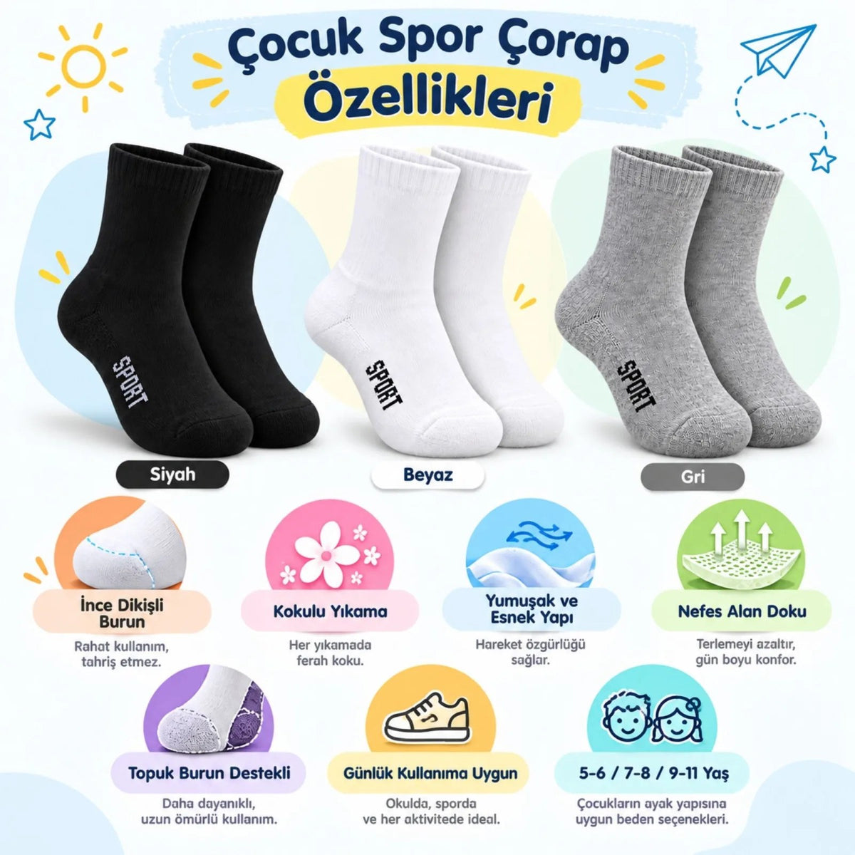 Çocuk Spor Çorap 3'lü Set Siyah Beyaz Gri İnce Dikişli Kokulu Yıkama Yumuşak Esnek Günlük Çorap Seti