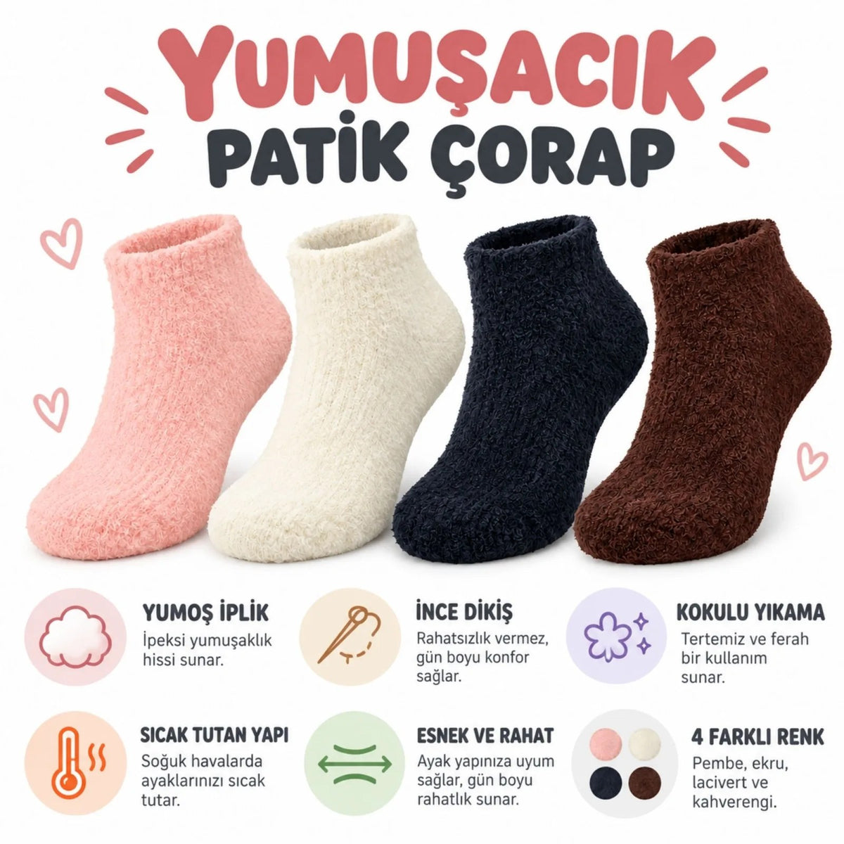 Kadın Yumoş Patik Çorap 4'lü Set Peluş Sıcak Tutan Kışlık Ev Çorabı Yumuşak Rahat 4 Renk Hediye Seti
