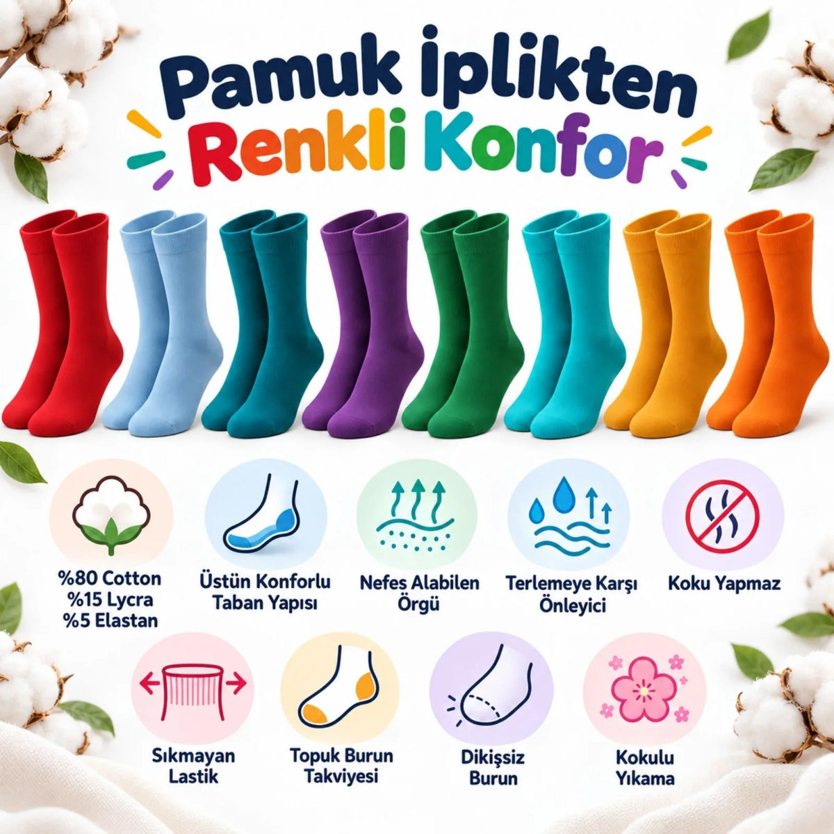 Unisex Renkli Çorap 8'li Set Günlük Rahat Esnek Uzun Soket Çorap Canlı Renkler Yumuşak Konforlu Seti