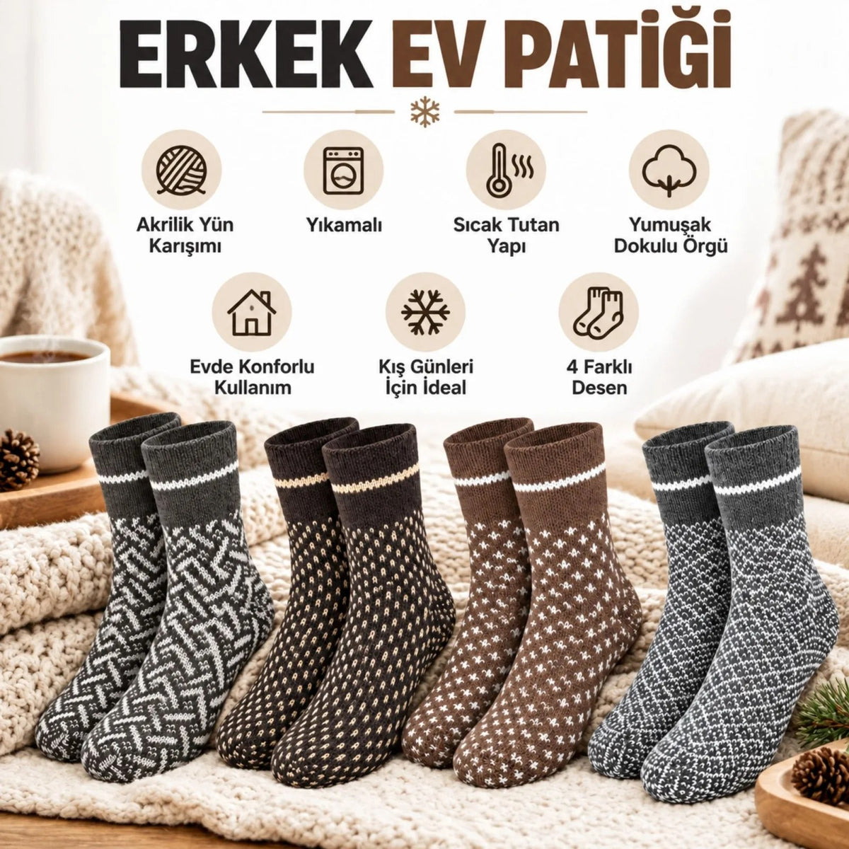 Erkek Kışlık Desenli Çorap 4'lü Seti Sıcak Tutan Yumuşak Rahat Günlük Renkli Uzun Soket Çorap Paketi