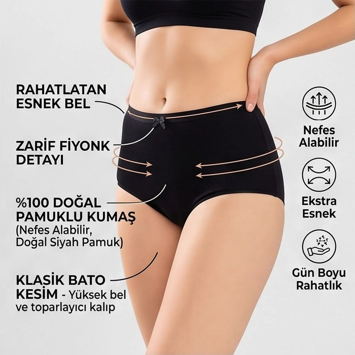 Kadın Pamuklu Düz Bato Külot 3'lü Paket Siyah Beyaz Ten | Normal Bel Klasik Kesim Günlük İç Çamaşırı