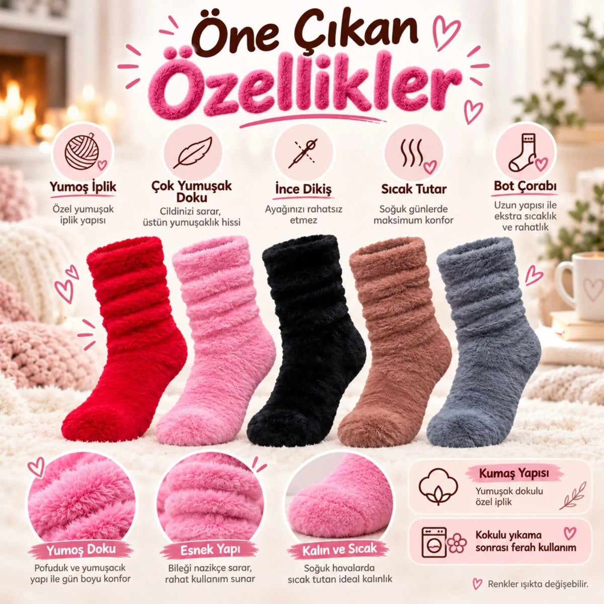 Kadın 5'li Peluş Ev Çorabı Seti | Yumuşacık Tüylü Kışlık Soket Çorap Kırmızı Pembe Siyah Kahve &amp; Gri