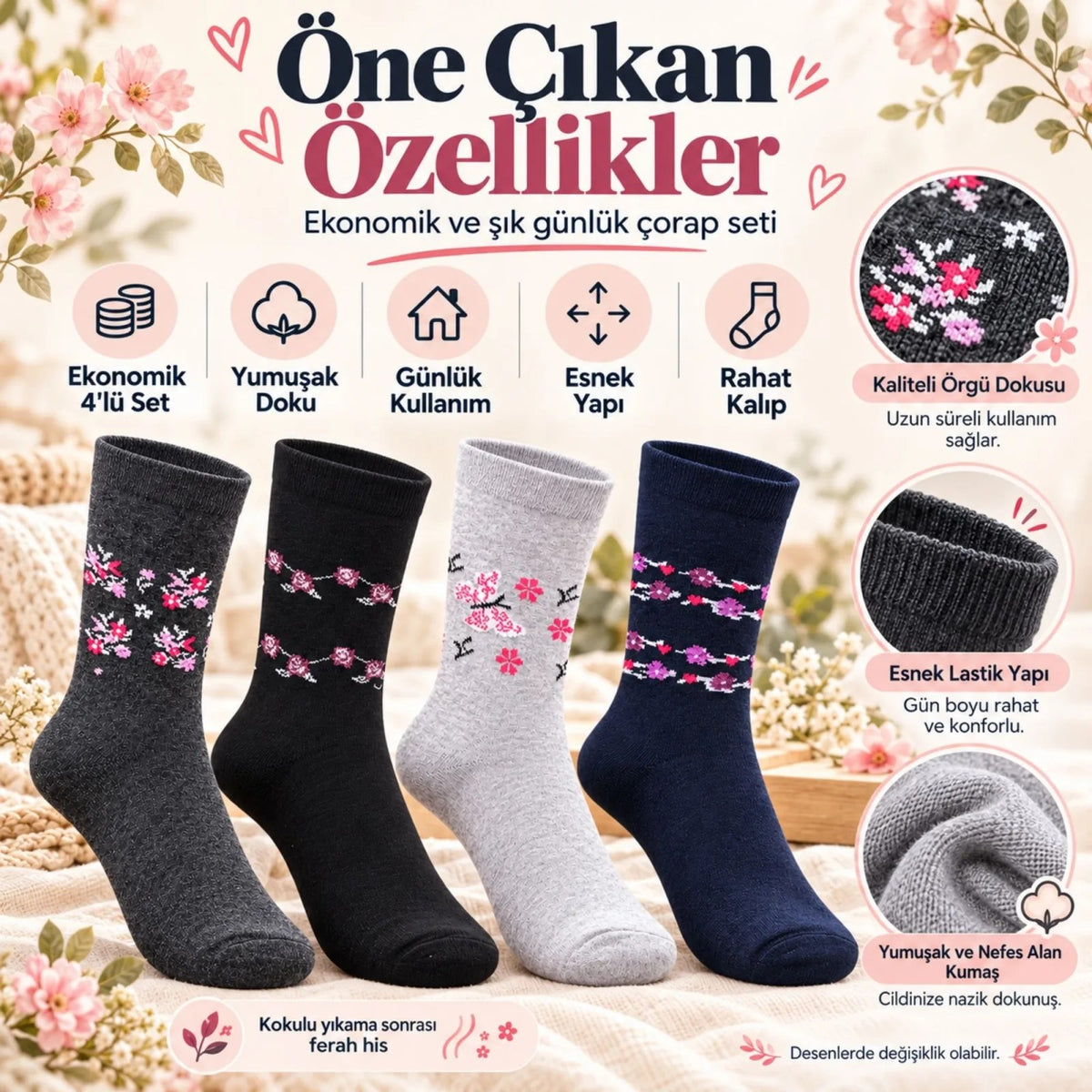 Kadın Ekonomik Soket Çorap 4'lü Seti | Çiçek Desenli Bayan Günlük Çorap Karışık Renk Avantajlı Paket