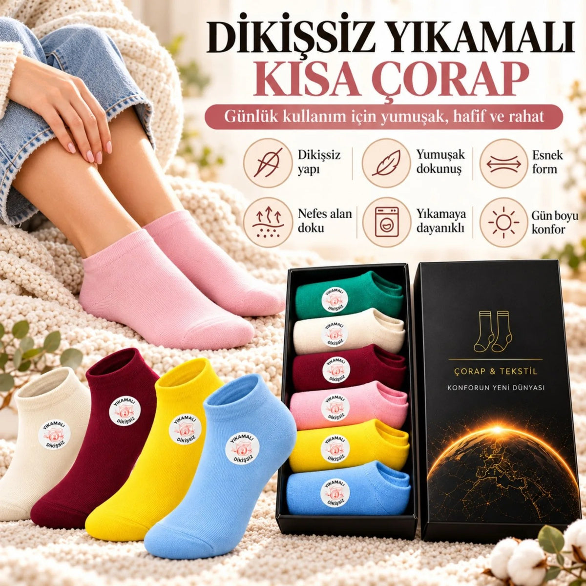 Kadın Dikişsiz Patik Çorap 6'lı Kutulu Seti | Renkli Yıkamalı Günlük Sneaker Çorabı Hediyelik Paketi