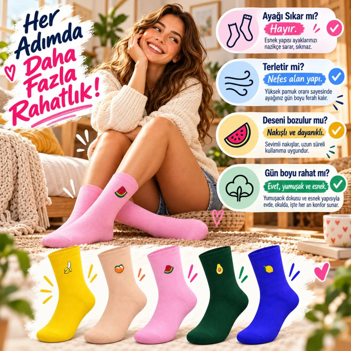 Kadın Meyve Nakışlı Soket Çorap 10'lu Set | Renkli Muz Karpuz Avokado Limon Desenli Şık Günlük Çorap