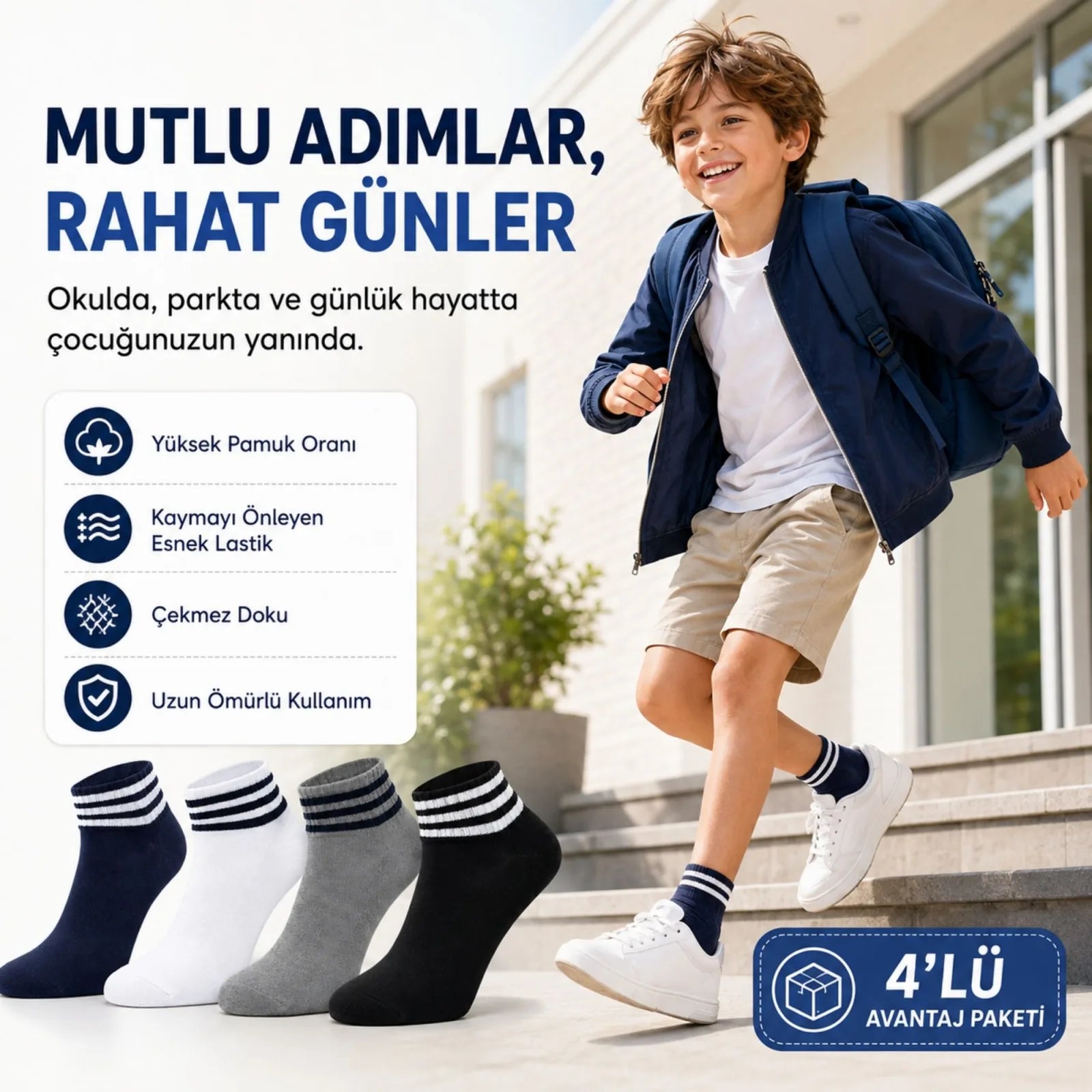 Erkek Çocuk 8'li Pamuklu Çizgili Patik Çorap Nefes Alan Esnek Günlük Spor Okul Çorabı Rahat ve Dayanıklı