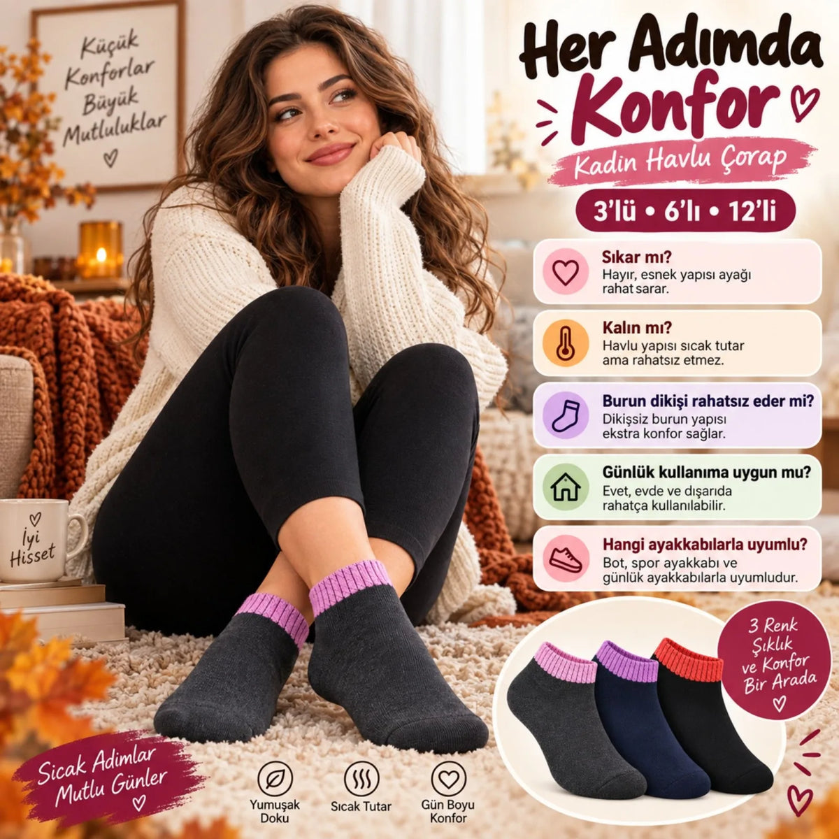 Kadın Havlu 6'lı Çorap Kısa Konç Dikişsiz Burun Sıcak Tutan Yumuşak Kışlık Çorap Seti