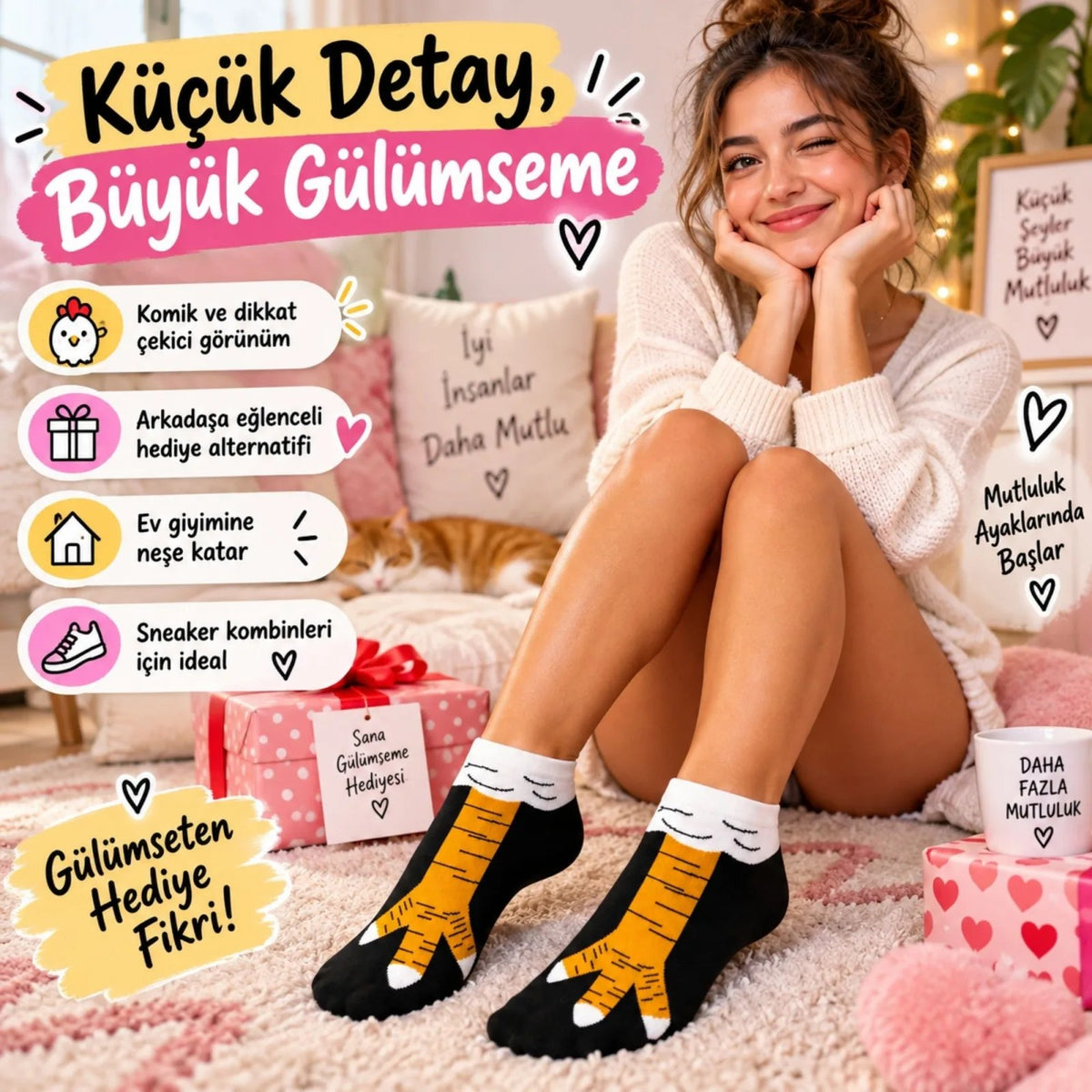 Kadın Tavuk Ayağı Desenli 3'lü Patik Çorap Dikişsiz Pamuklu Eğlenceli Sneaker Günlük Çorap