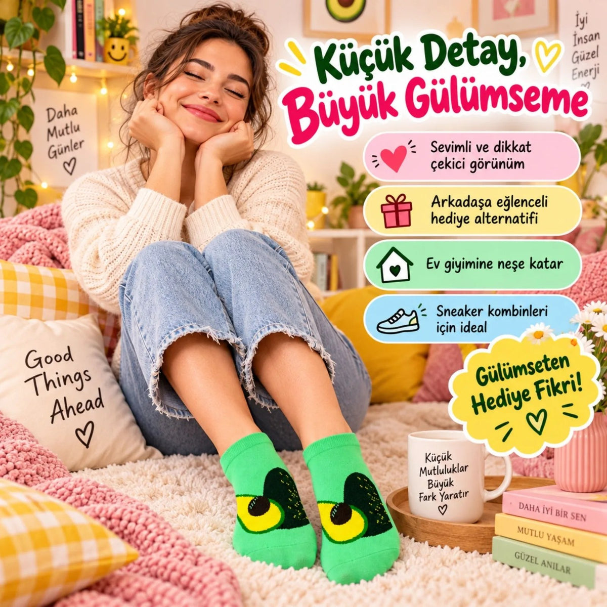 Kadın Avokado 6'lı Desenli Patik Çorap Pamuklu Dikişsiz Sneaker Uyumlu Eğlenceli Günlük Çorap Seti