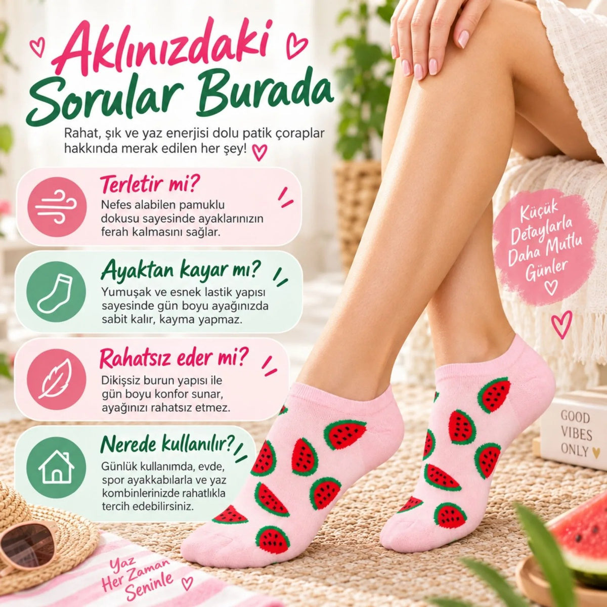 Kadın Karpuz 6'lı Desenli Patik Çorap Pamuklu Dikişsiz Sneaker Uyumlu Eğlenceli Yazlık Set
