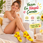 Kadın Kiraz 6'lı  Desenli Patik Çorap Sarı Pamuklu Dikişsiz Sneaker Uyumlu Eğlenceli Günlük Set