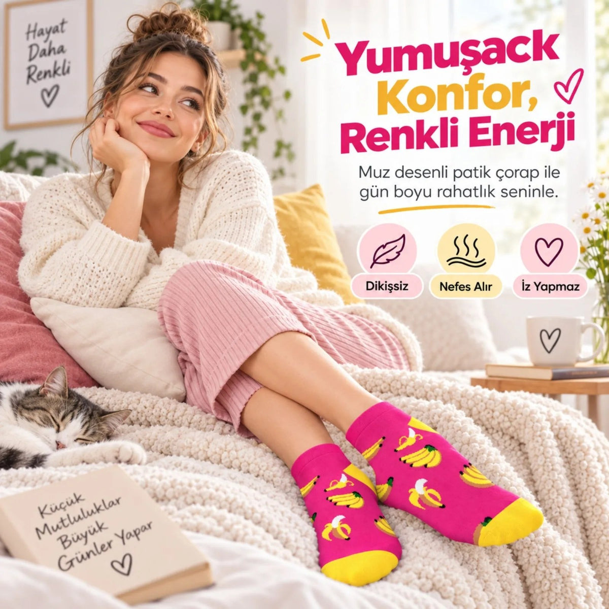 Kadın Pembe Muz Desenli Patik Çorap 6'lı Paket | Renkli, Rahat ve Esnek Günlük Kısa Çorap Seti