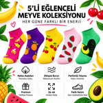 Meyve Desenli 5'li Bayan Patik Çorap Seti 36-40 | Premium Kutulu, Dikişsiz Pamuklu Hediye Çorap