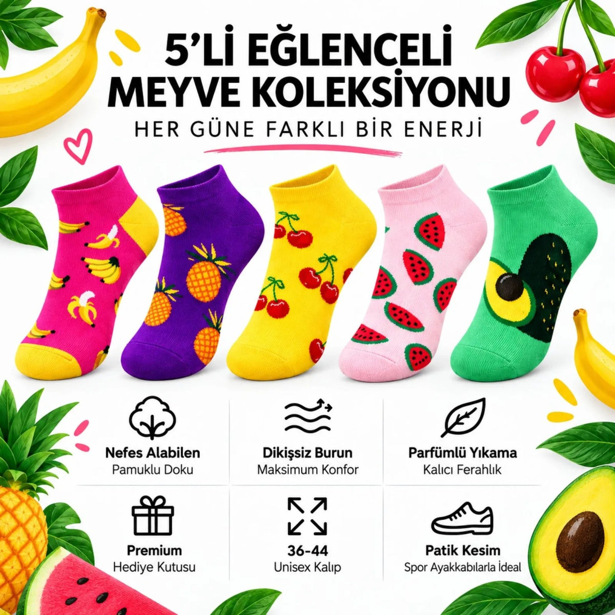 Meyve Desenli 5'li Bayan Patik Çorap Seti 36-40 | Premium Kutulu, Dikişsiz Pamuklu Hediye Çorap
