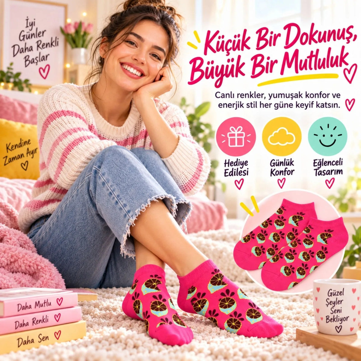 Kadın Fuşya Limon Desenli Patik Çorap 12'li Paket | Renkli, Rahat ve Esnek Günlük Kısa Çorap