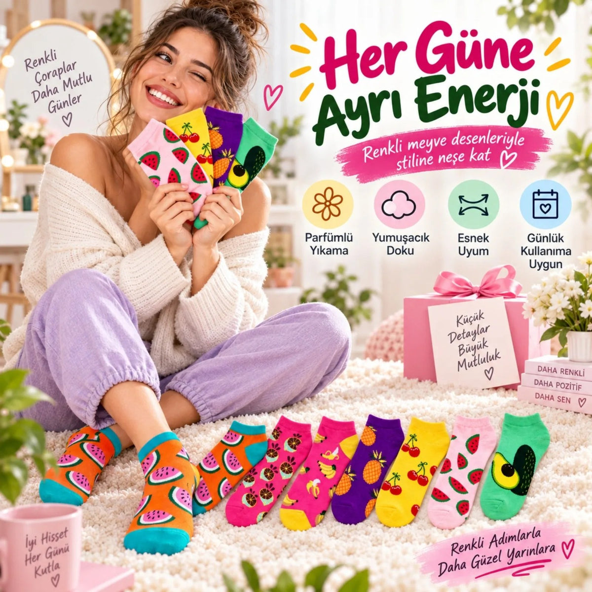 Kadın Meyve Desenli Patik Çorap 7'li Hediye Kutulu Set | Renkli, Rahat ve Esnek Günlük Çorap