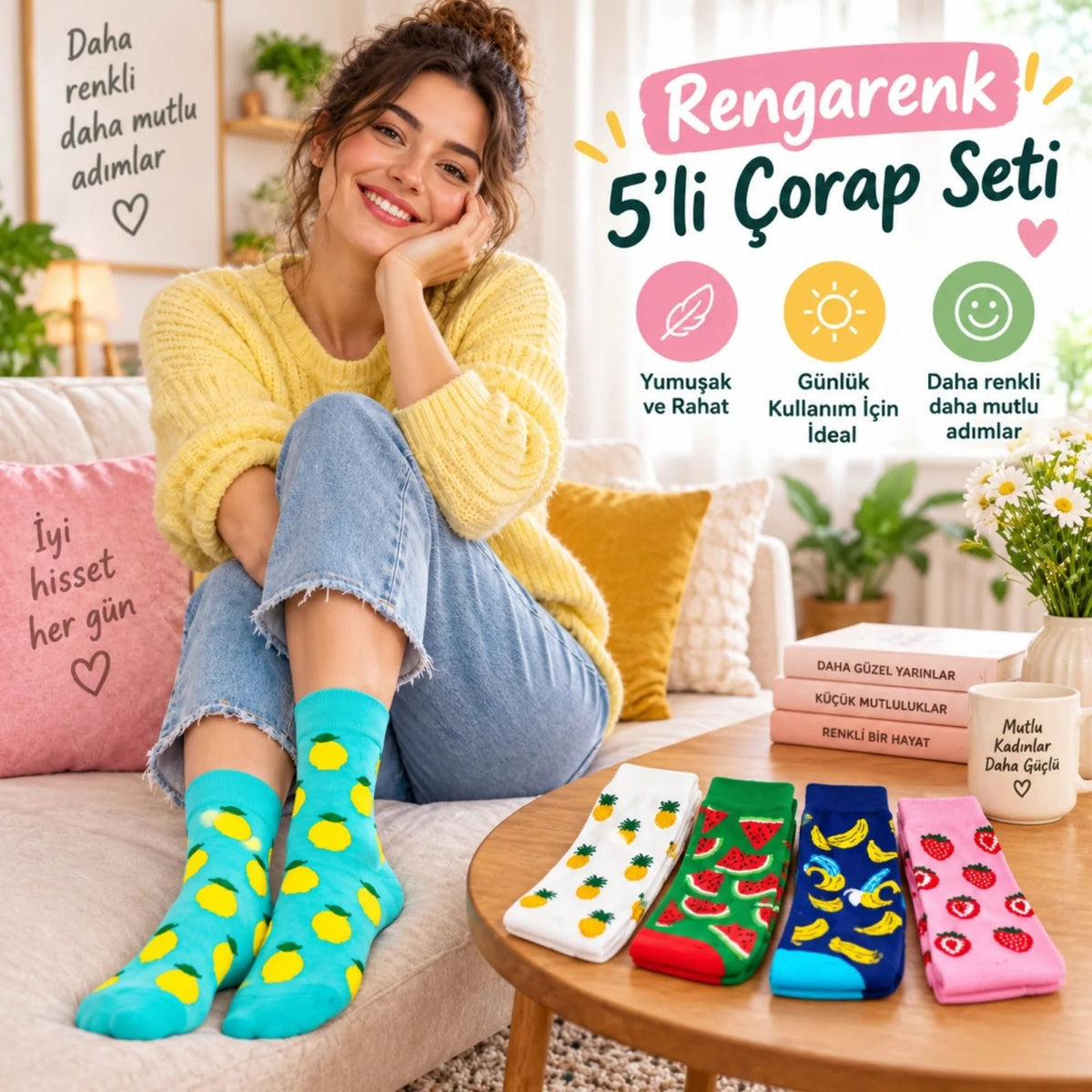 Kadın Çorap Meyve Desenli Renkli 5'li Set Limon Ananas Karpuz Muz Çilek Uzun Soket Günlük Çorap Seti
