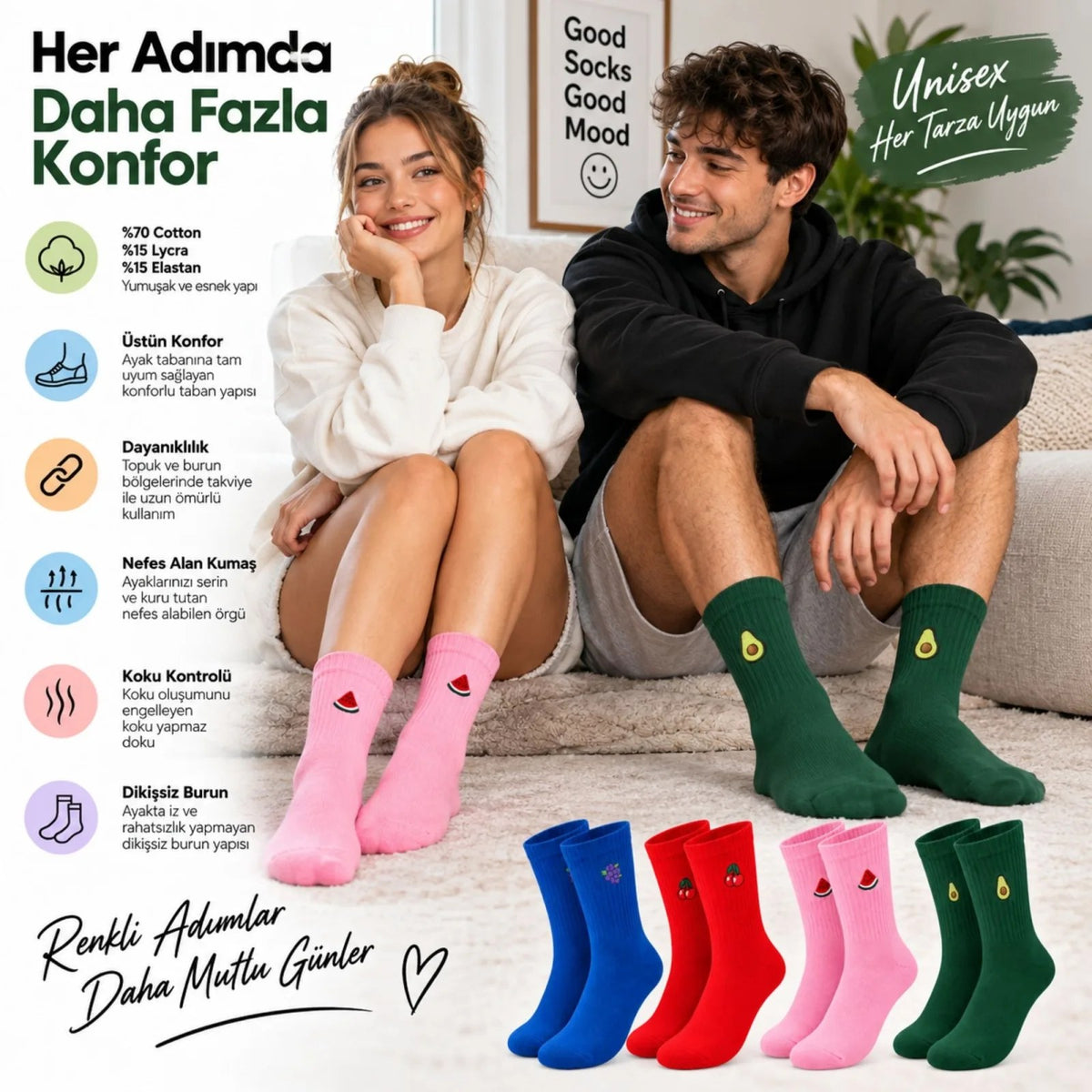 Kadın Çorap Meyve Nakışlı Renkli 4'lü Set Üzüm Kiraz Karpuz Avokado Desenli Günlük Uzun Soket Çorabı