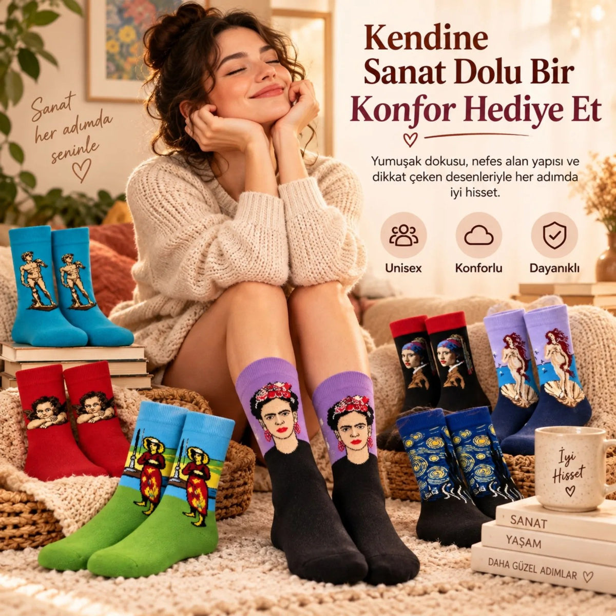 UNİSEX Çorap Sanat Temalı Renkli 7'li Set Portre Tablo Desenli Uzun Soket Günlük Eğlenceli Çorap Şık