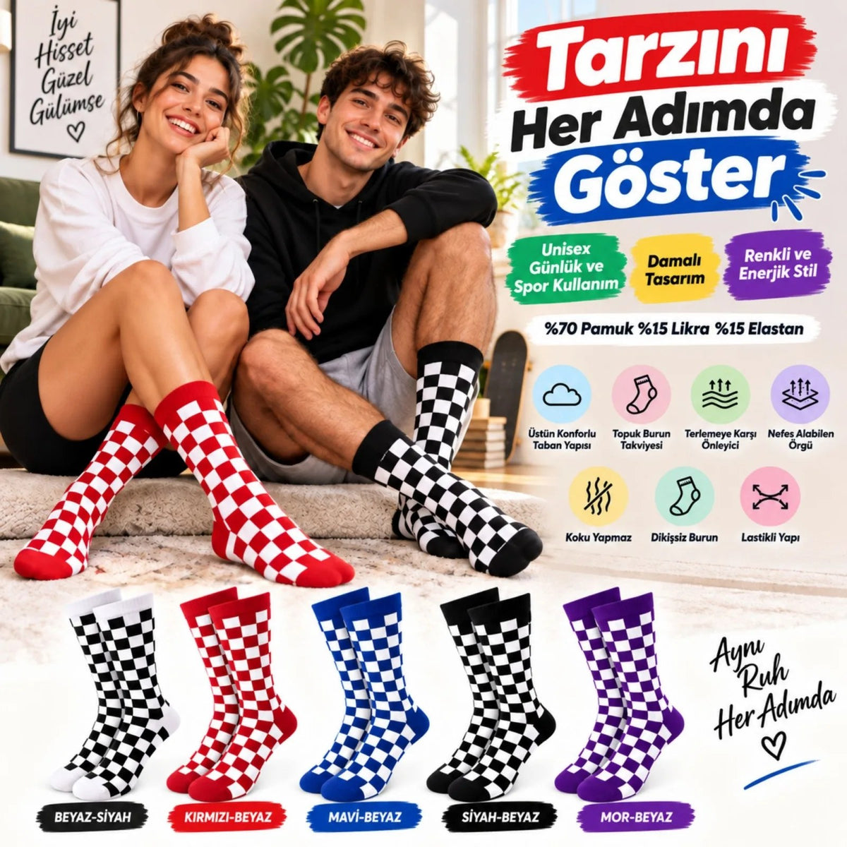 UNİSEX Çorap Dama Desenli Renkli 10'lu Set Kareli Uzun Soket Günlük Spor Eğlenceli Rahat Çorap Seti