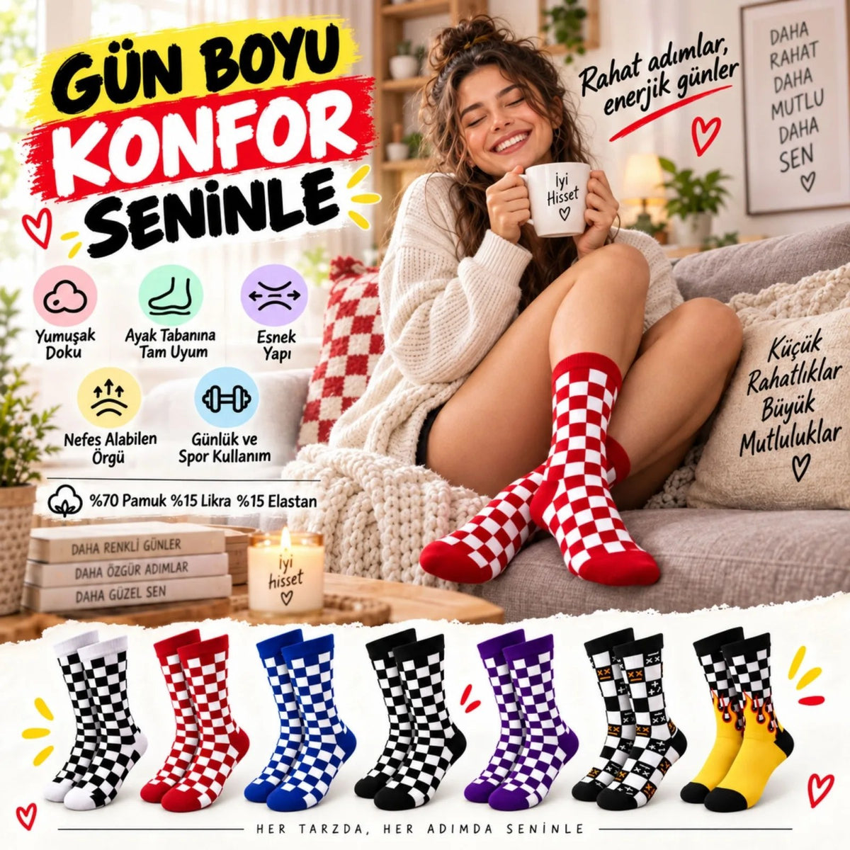 UNİSEX Çorap Dama Desenli Renkli 7'li Set Kareli Alev Baskılı Uzun Soket Günlük Spor Çorabı