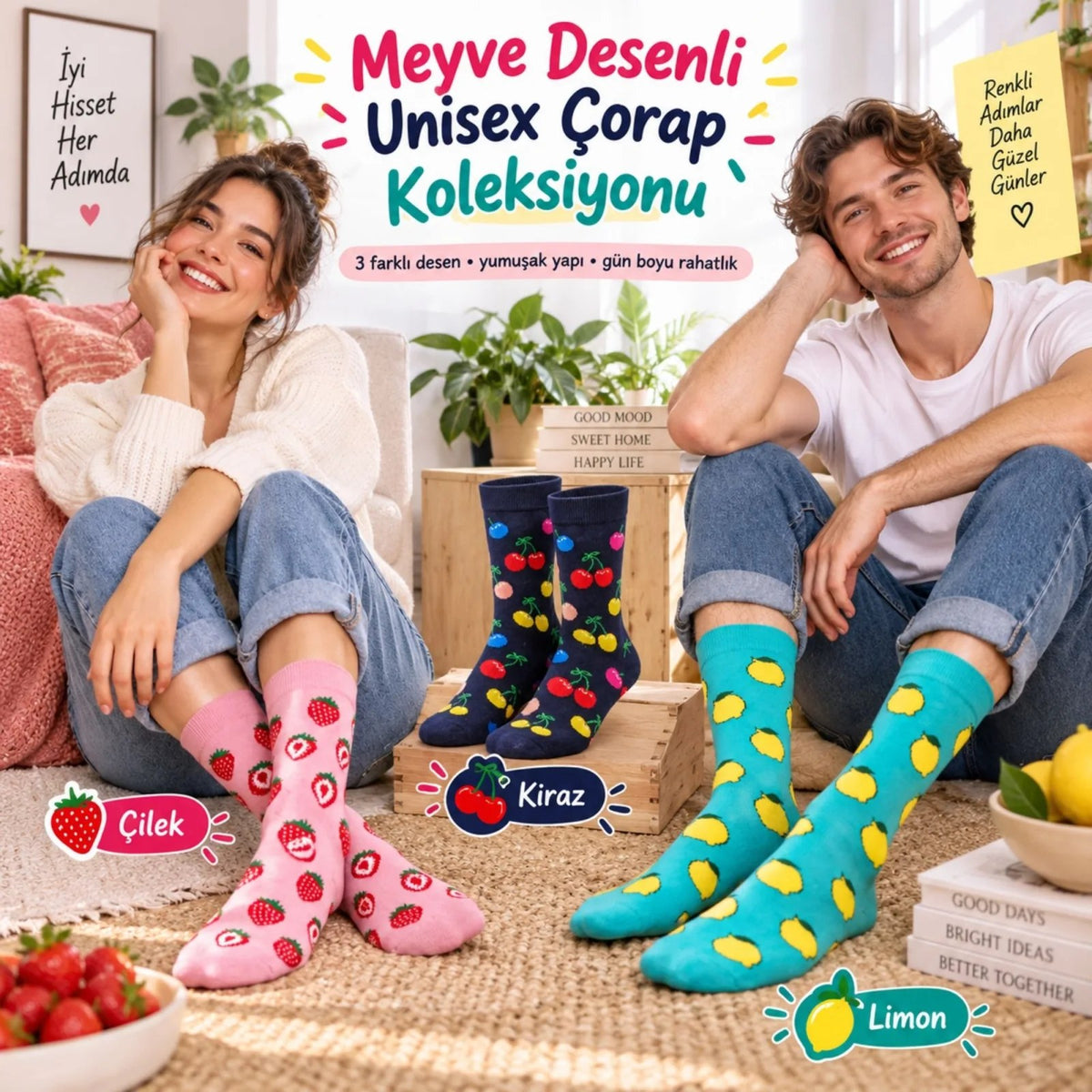Kadın Ve Erkek Çorap Meyve Desenli Renkli 6'lı Set Uzun Soket Günlük Rahat Spor Çorap Seti