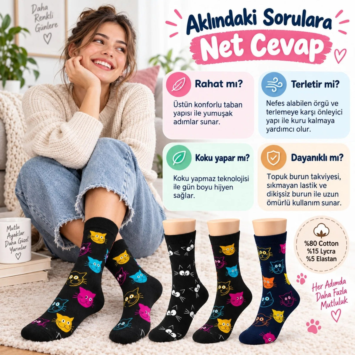 Unisex Kedi Desenli Çorap 3'lü Set Pamuklu Renkli Uzun Soket Dikişsiz Nefes Alan Rahat Günlük Çorap