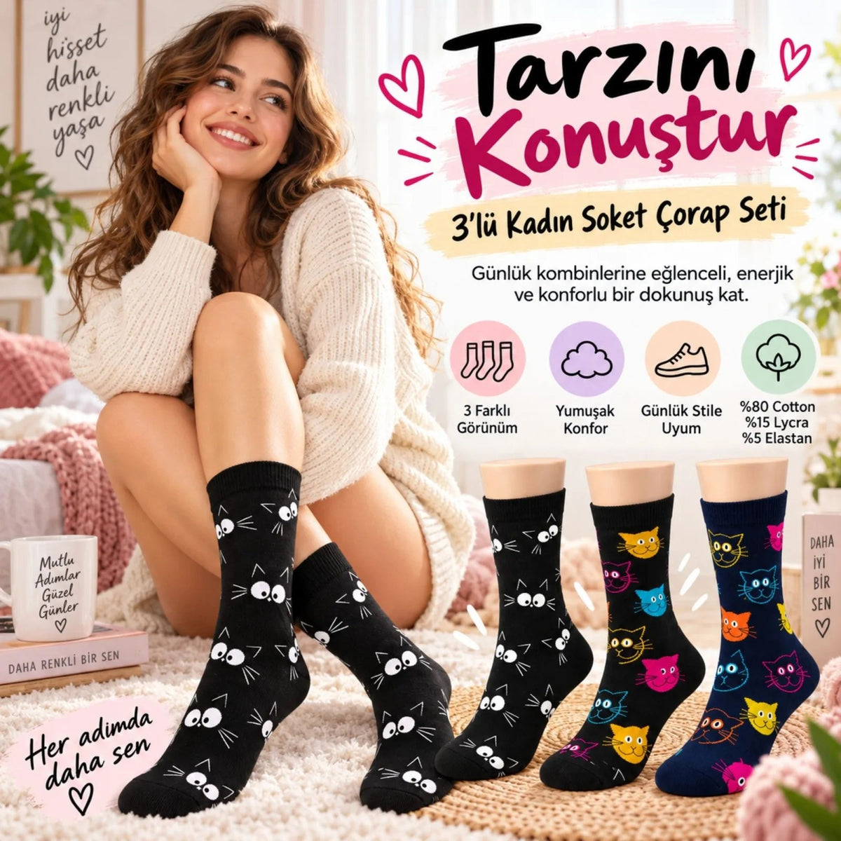Unisex Kedi Desenli Çorap 6'lı Set Pamuklu Renkli Uzun Soket Dikişsiz Nefes Alan Rahat Günlük Çorap