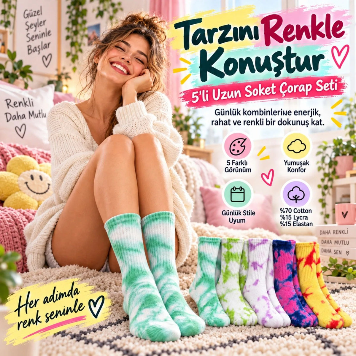 Unisex Batik Desenli Çorap 10'lu Set Renkli Pamuklu Uzun Soket Dikişsiz Nefes Alan Günlük Spor Çorabı