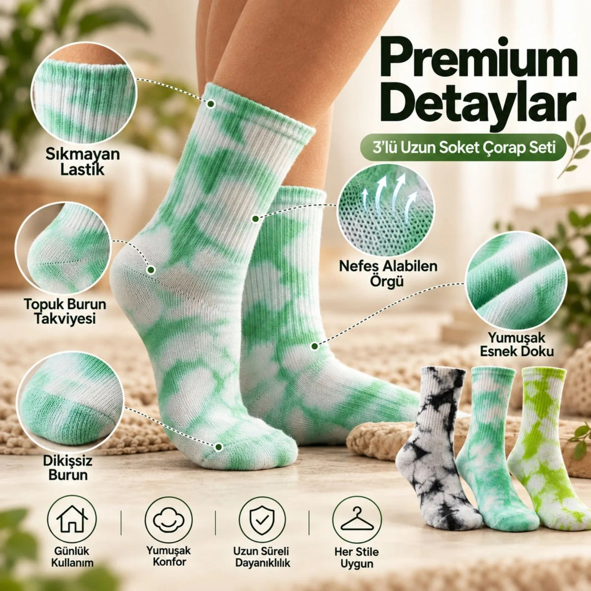 Unisex Batik Desenli Çorap 3'lü Set Renkli Pamuklu Uzun Soket Dikişsiz Nefes Alan Günlük Spor Çorabı