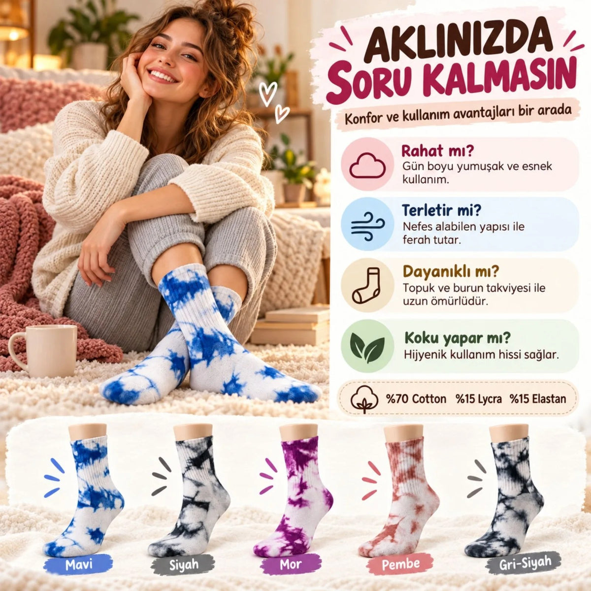 Unisex Batik Desenli Çorap 5'li Set Pamuklu Renkli Uzun Soket Dikişsiz Nefes Alan Günlük Spor Çorabı