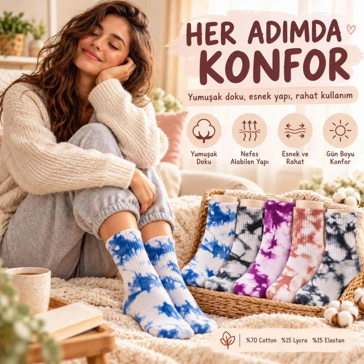 Unisex Batik Desenli Çorap 10'lu Set Pamuklu Renkli Uzun Soket Dikişsiz Nefes Alan Günlük Spor Çorabı